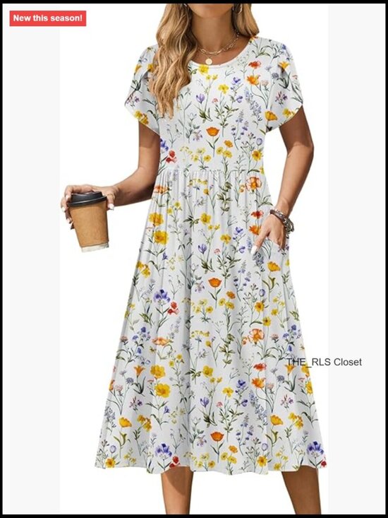 Dresses & Skirts - Women Summer Short Sleeve Midi Dress with Pockets Casual A-Line Flowy T-Shirt